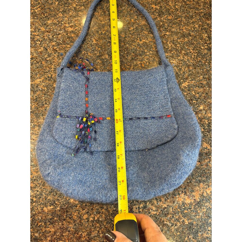 Handmade Blue Felt Shoulder Purse with Multicolored Ribbon Accents - Picture 7 of 10